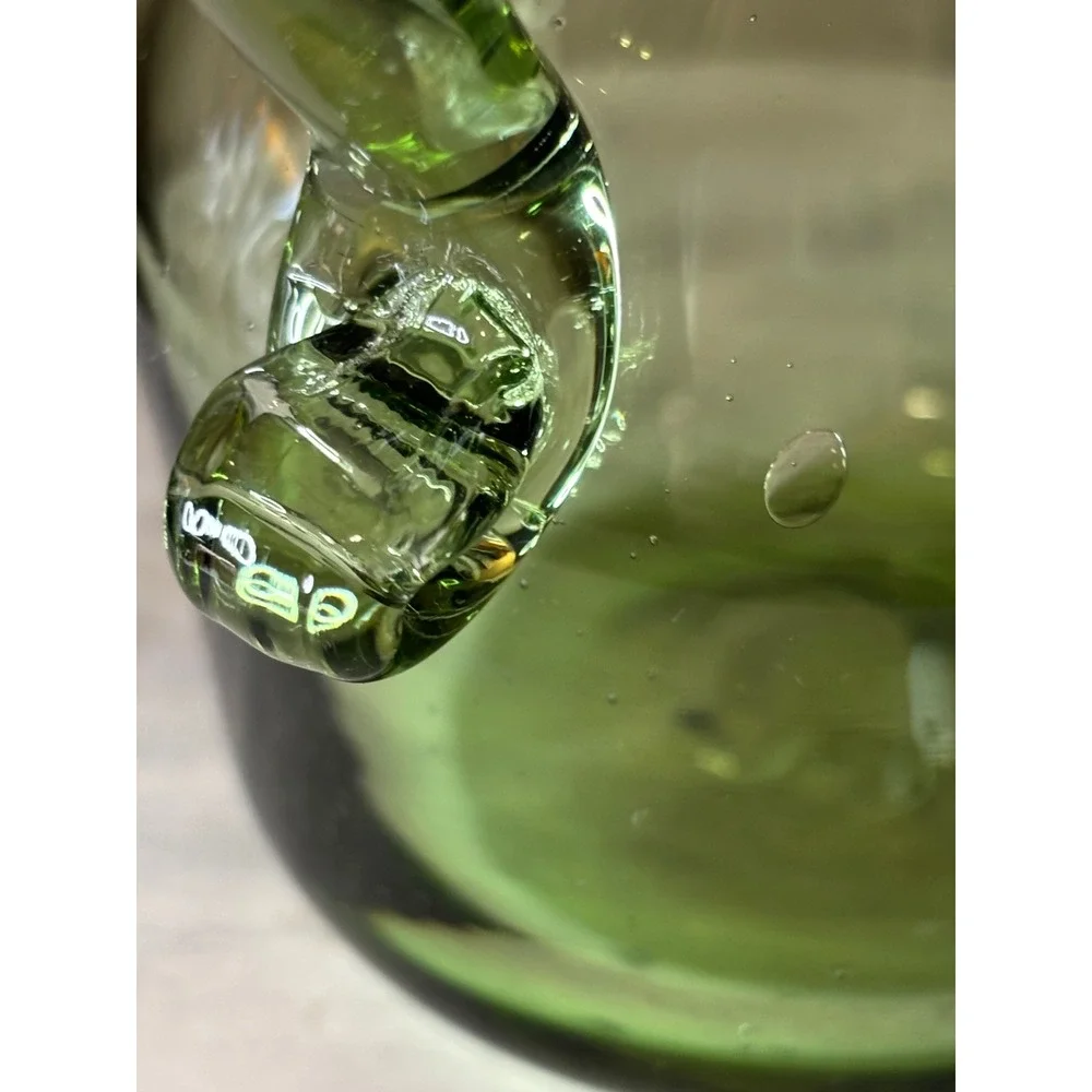 Vintage Hand Blown Green Glass Mini Pitcher Applied Handle Seed Bubbles Creamer